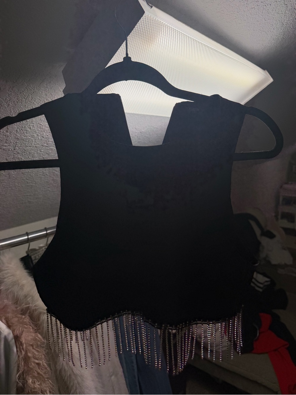 SHEIN Black Beaded Fringe Crop Tank